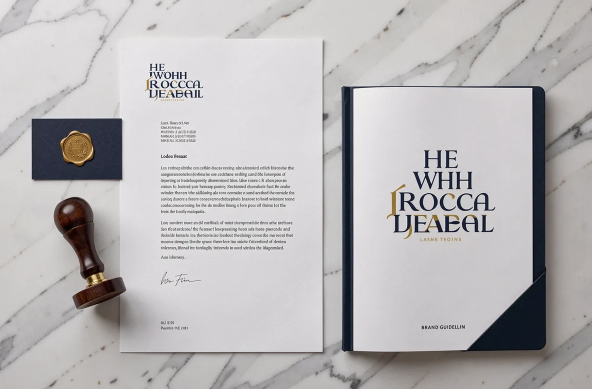 Flat lay de supports de communication notariale incluant cartes de visite, papier en-tête et charte graphique sur marbre blanc