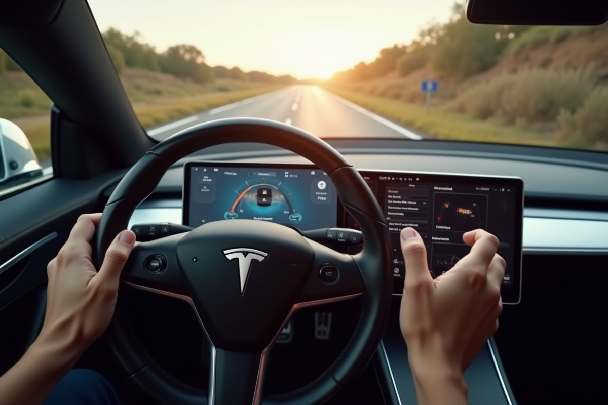 Détail du tableau de bord Tesla avec logo et réglages en lumière naturelle