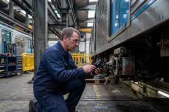 Technicien de maintenance inspectant l'usure d'une pièce mécanique sous un train de métro dans un dépôt ferroviaire