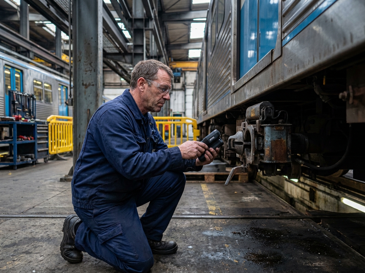Technicien de maintenance inspectant l'usure d'une pièce mécanique sous un train de métro dans un dépôt ferroviaire