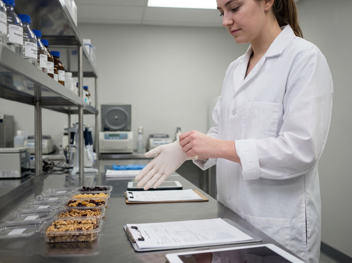 Jeune technicienne de laboratoire retirant ses gants après analyse