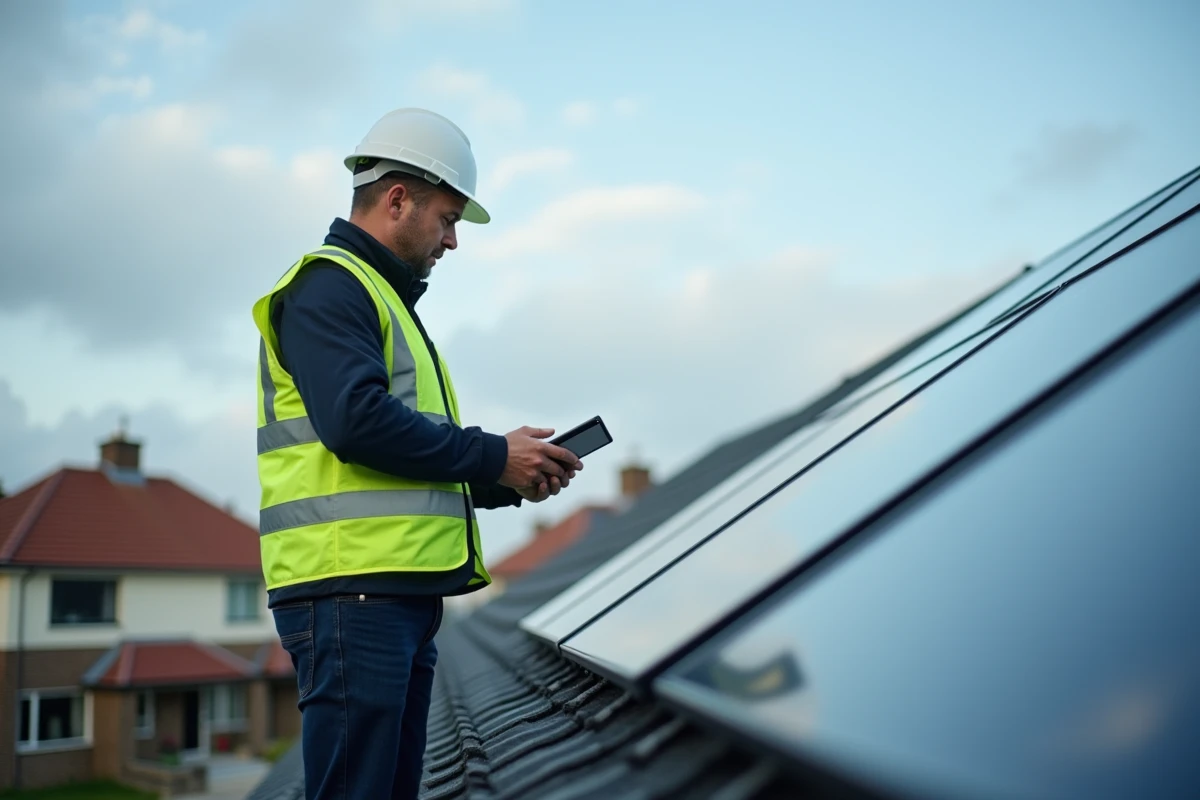 Technicien en énergie renouvelable inspectant des panneaux solaires résidentiels, illustrant la fiabilité des services Sylvidra Energy