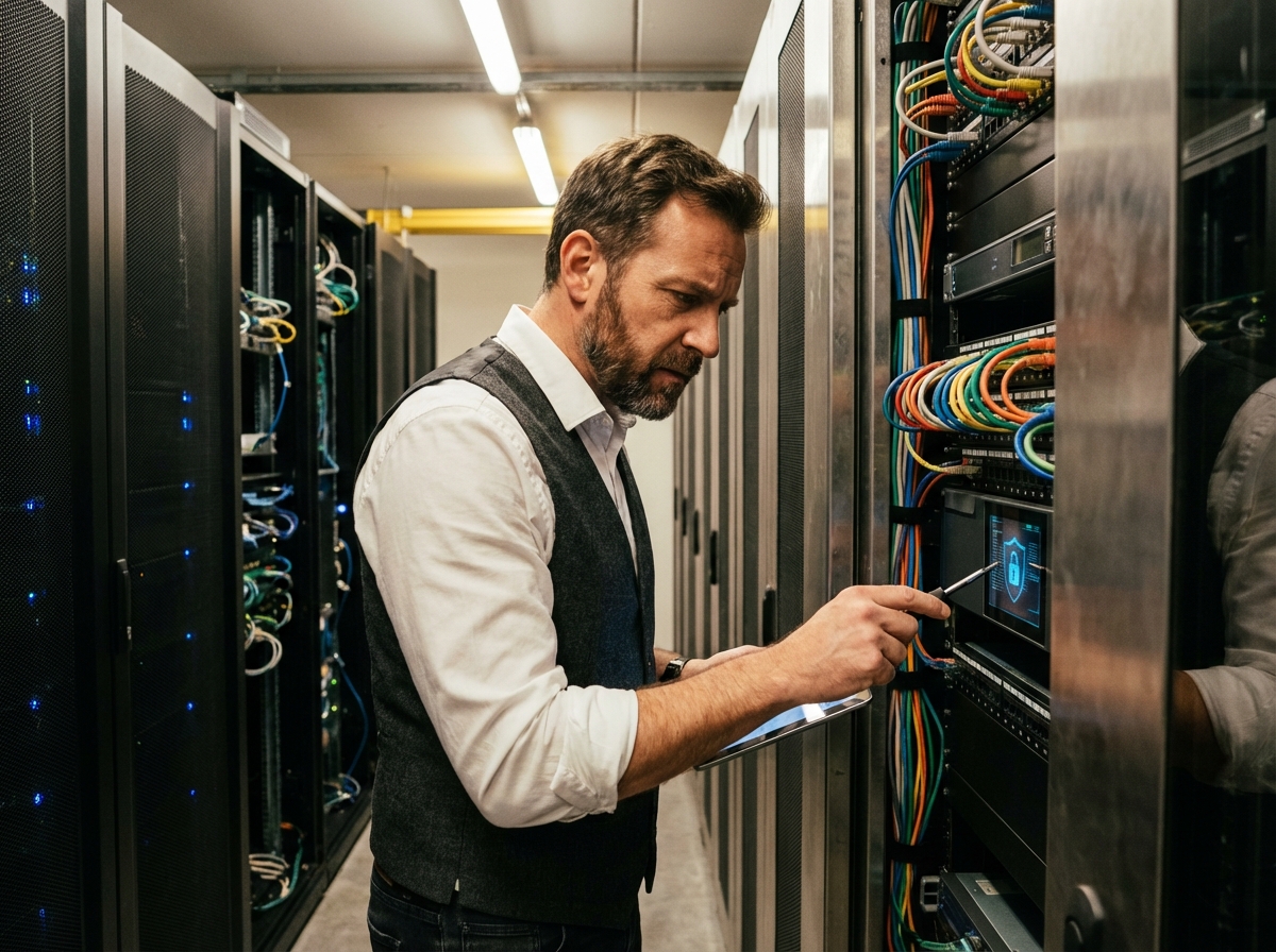 Technicien analyse câbles et panneau de sécurité réseau