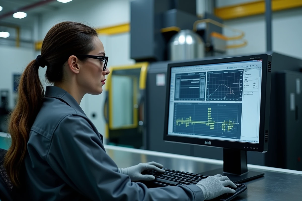 Technicienne programmant une commande numérique CNC multi-axes sur un pupitre de contrôle dans une usine de précision