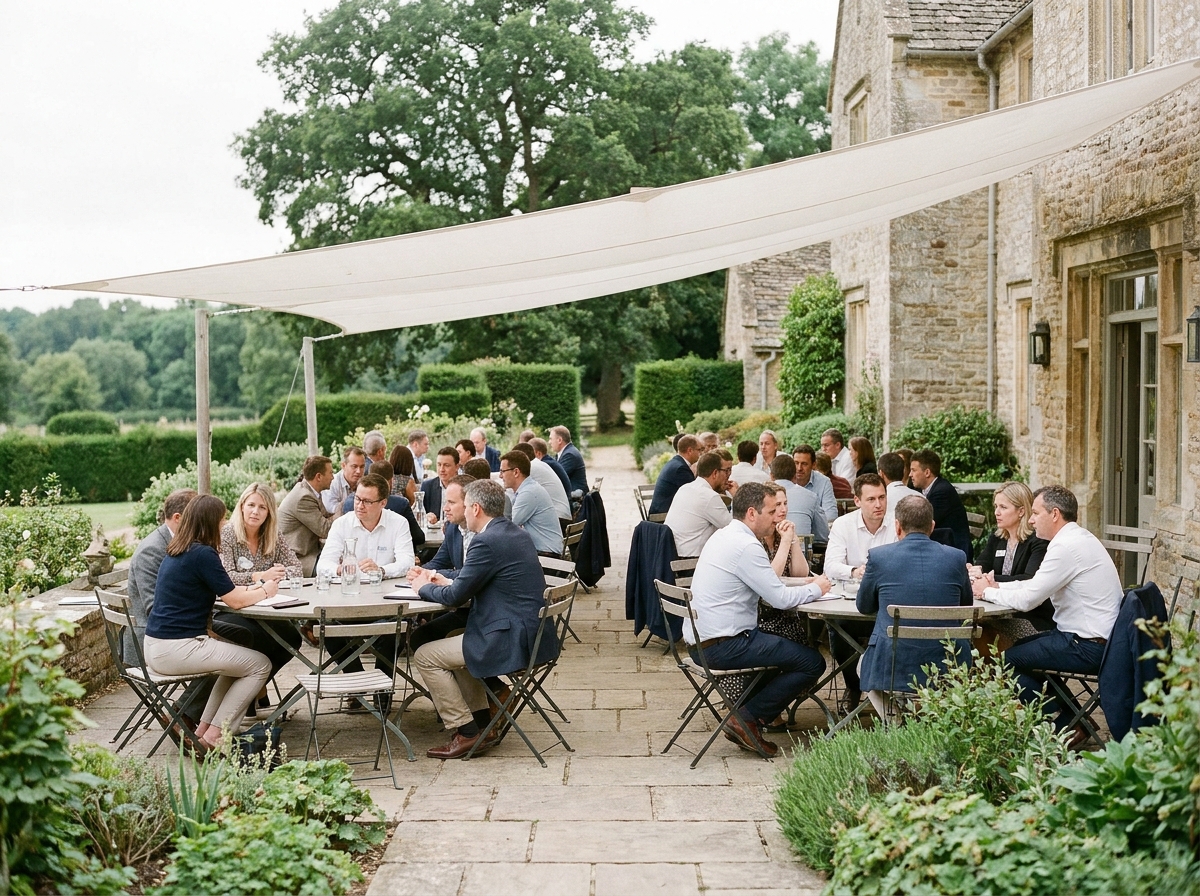 Terrasse extérieure d'un domaine de séminaire en campagne avec sessions en petits groupes sous un auvent blanc, entourée de verdure et d'une façade en pierre