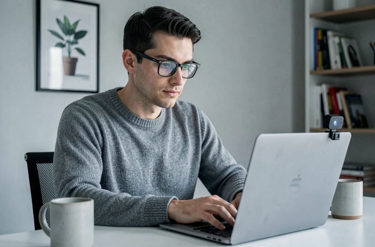 Candidat en télétravail passant un test de recrutement en ligne surveillé par intelligence artificielle depuis son bureau à domicile