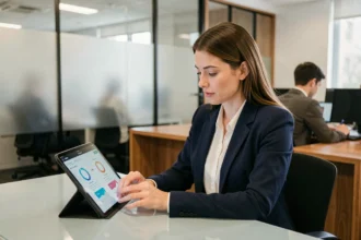 Femme professionnelle passant un test de recrutement numérique sur tablette dans un bureau moderne en 2026