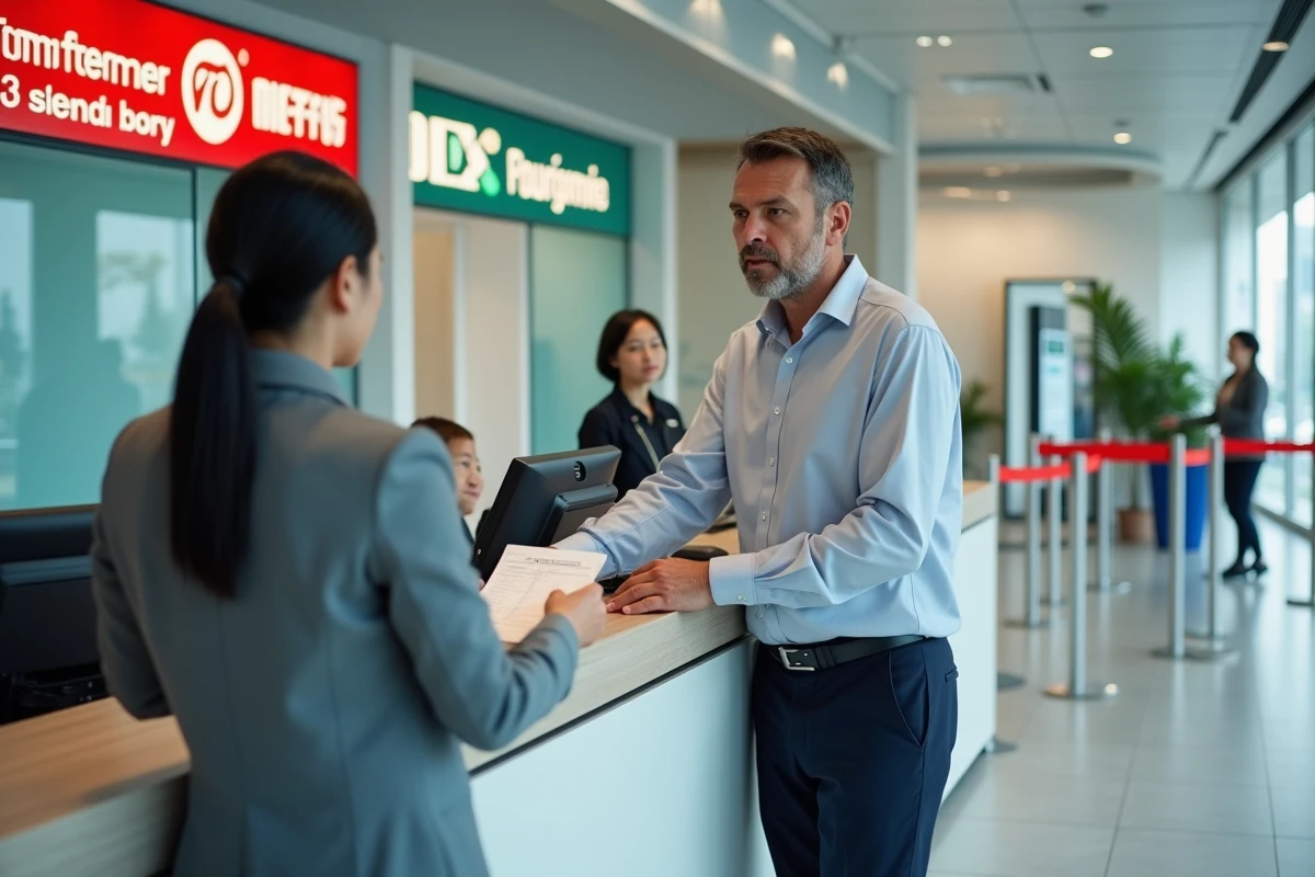 Client effectuant une transaction dans une agence de transfert de fonds international face à un agent de service