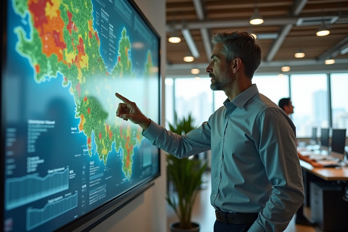 Urbaniste analysant des indicateurs économiques territoriaux sur un écran interactif dans un bureau moderne