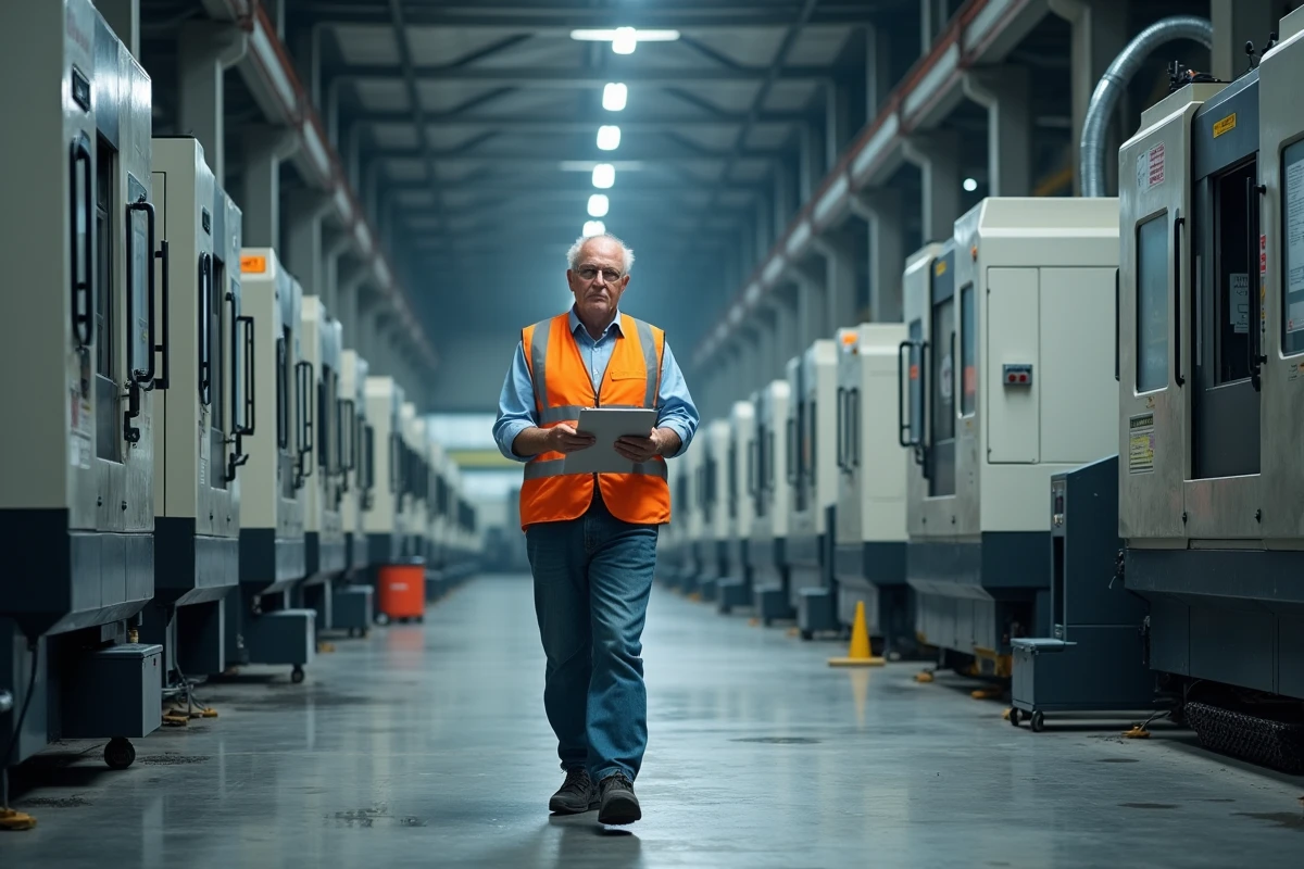 Vue panoramique d'une usine avec plusieurs commandes numériques CNC alignées et un opérateur inspectant la ligne de production