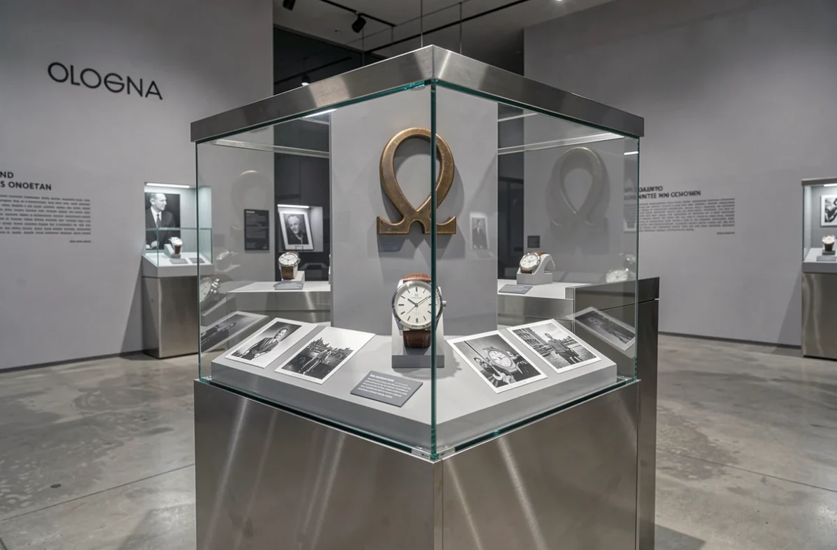 Montre Omega Constellation exposée dans une vitrine de musée horloger avec le symbole grec oméga en bronze et des archives photographiques de la marque